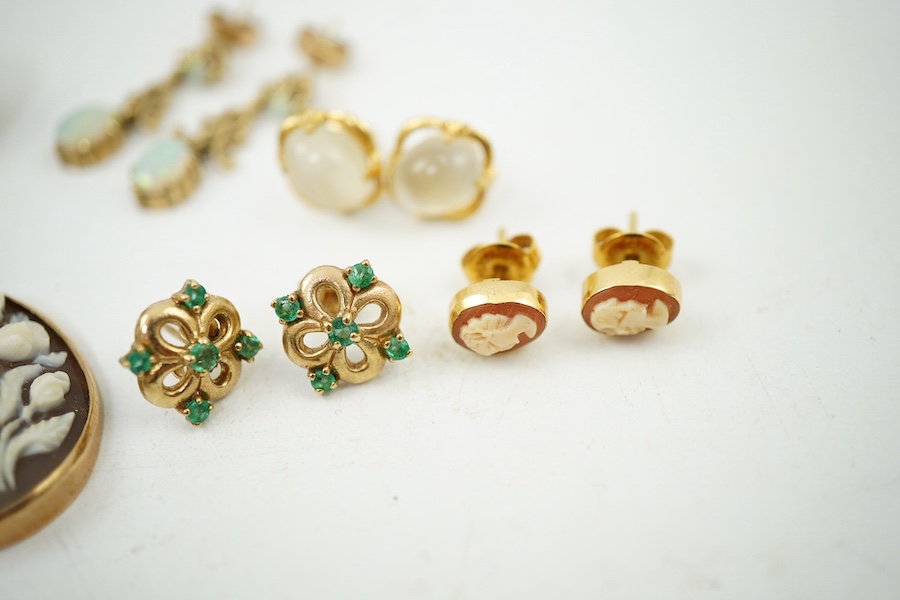 Eight pairs of earrings and pendant, comprising: a pair of onyx studs; a pair of emerald studs; a pair of sapphire and diamond drop earrings; a pair of opal drop earrings; a pair of garnet drop earrings; and a shell pend